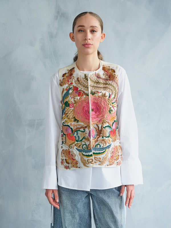 MU DAN FENG NIAO WEN EMBROIDERED WHITE VEST