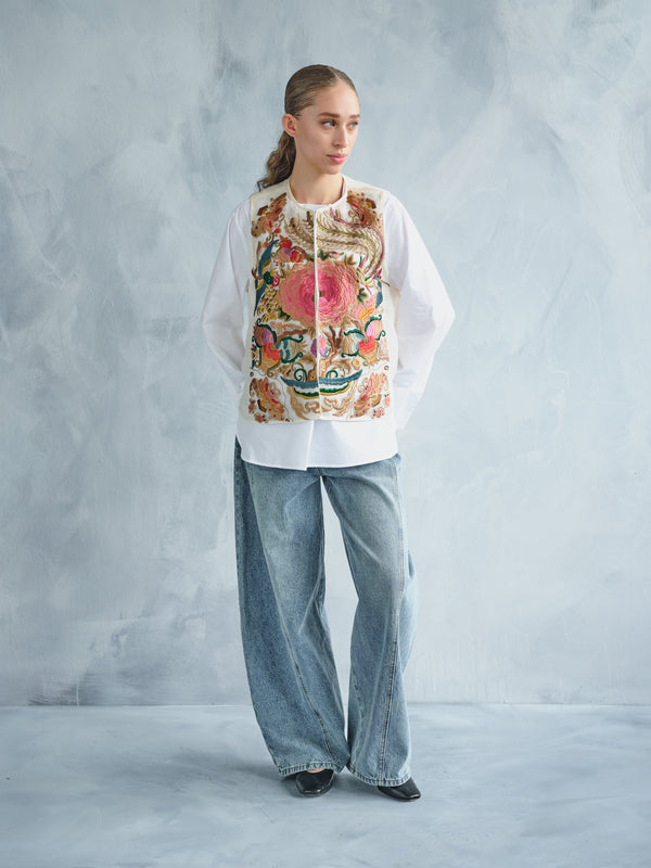 MU DAN FENG NIAO WEN EMBROIDERED WHITE VEST