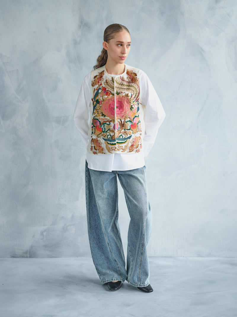 MU DAN FENG NIAO WEN EMBROIDERED WHITE VEST
